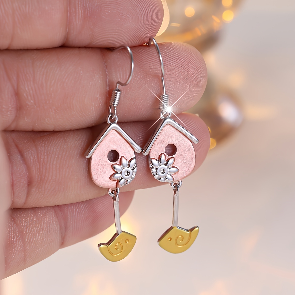Women's Dual-Tone Copper Birdhouse Earrings, Unique Animal Design
